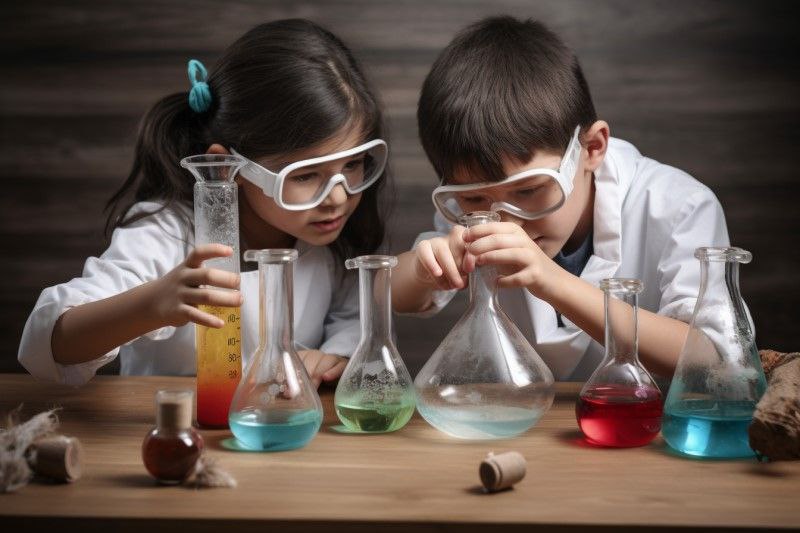 There are two children in a science lab